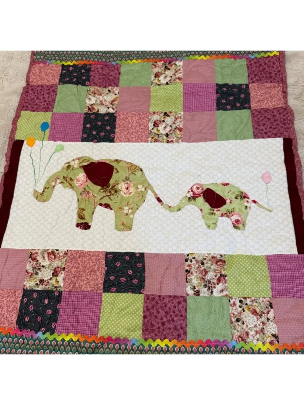 Handmade Patchwork Baby Quilt Pink Purple Floral Elephant Applique Blanket Nurse